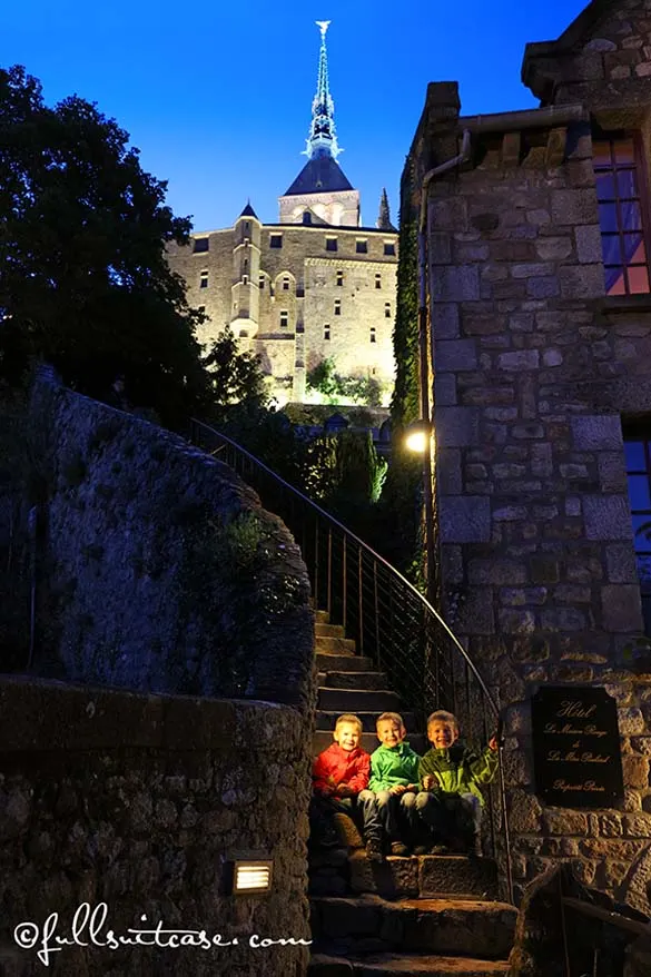 Kids at Mont St Michel in the evening