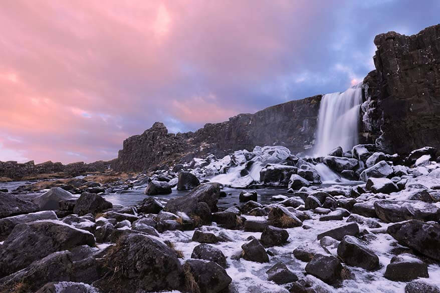 Oxararfoss waterfall in Thingvellir NP in Iceland in winter