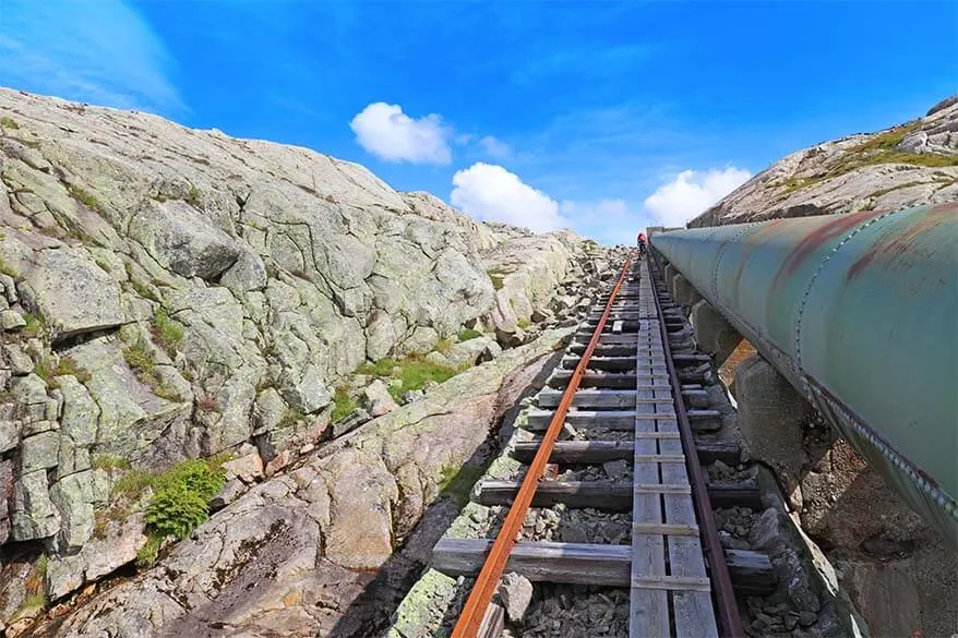 climbing the 4444 stairs on the world's longest wooden staircase in Florli Norway