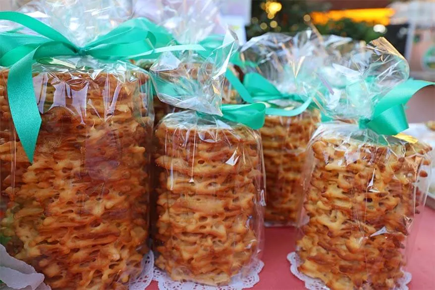 Traditional Austrian Prugeltorte for sale at the market in Tirol