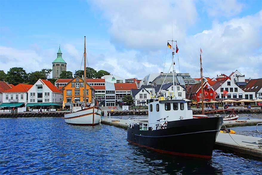 Colorful houses and boats at Strandkaien in Stavanger