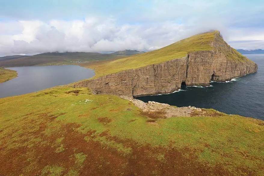 Sorvagsvatn lake (also called Vatnid lake) as seen from Traelnipa mountain on Vagar island in the Faroe Islands