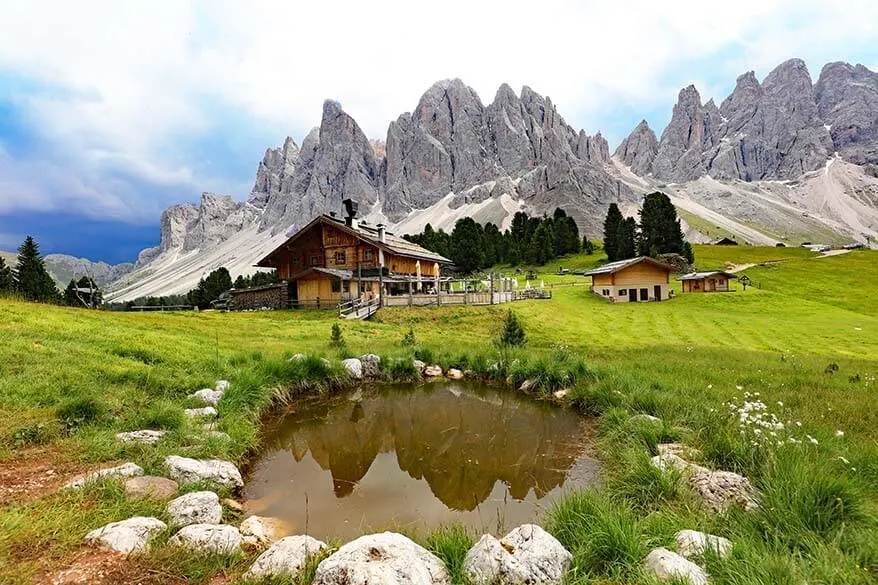 Geisler Alm - picturesque mountain hut along Adolf Munkel trail in the Dolomites