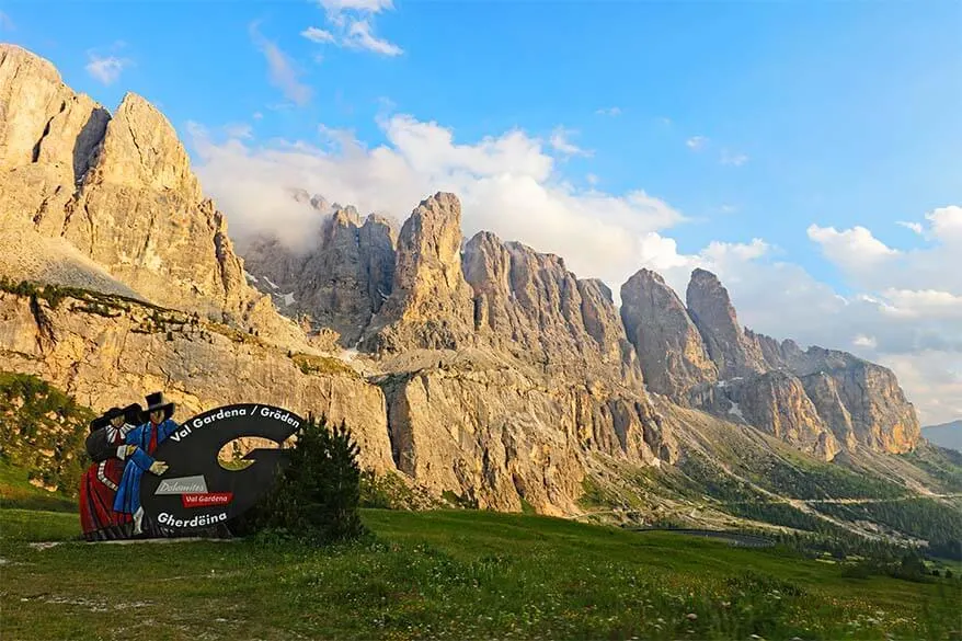 Val Gardena sign at Gardena Pass in the Dolomites