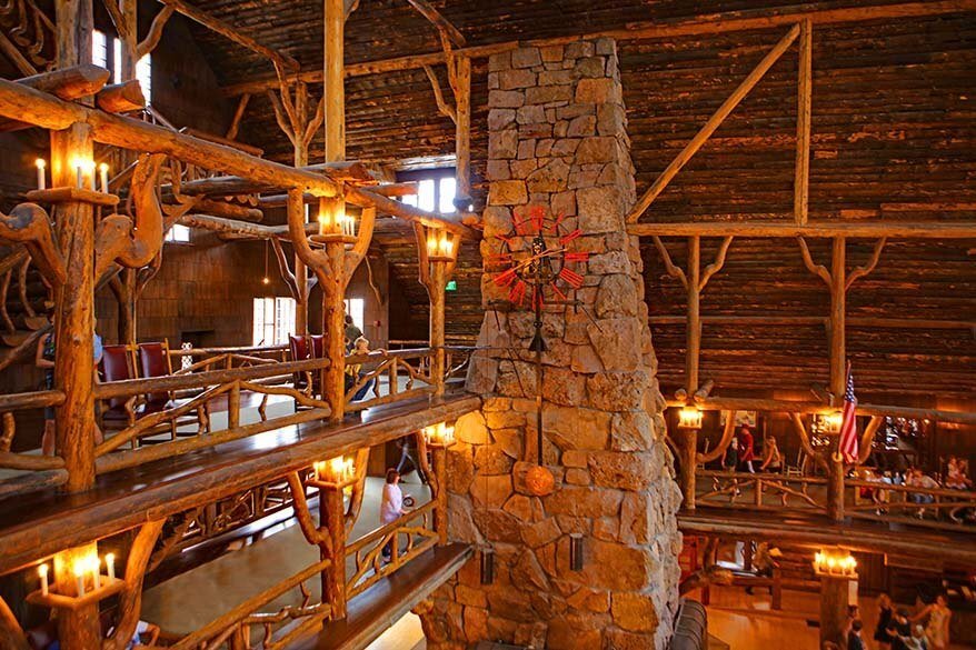 Wooden interior of the Old Faithful Inn is must see in Yellowstone