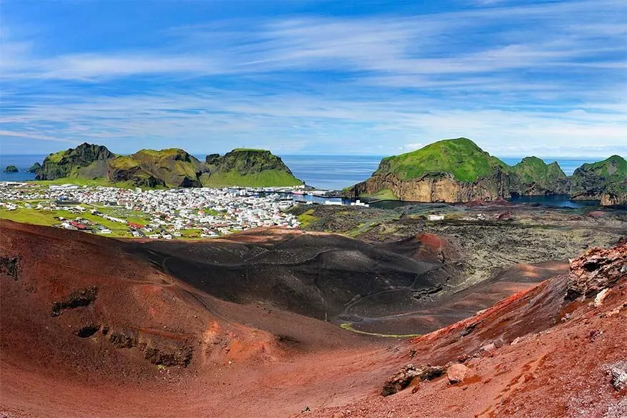 Heimaey Island as seen from Mount Eldfell volcano, Westman Islands in Iceland