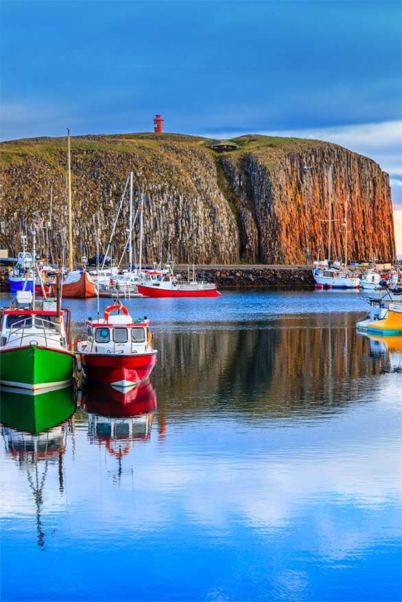 Stykkisholmur harbor with Sugandisey Island and lighthouse