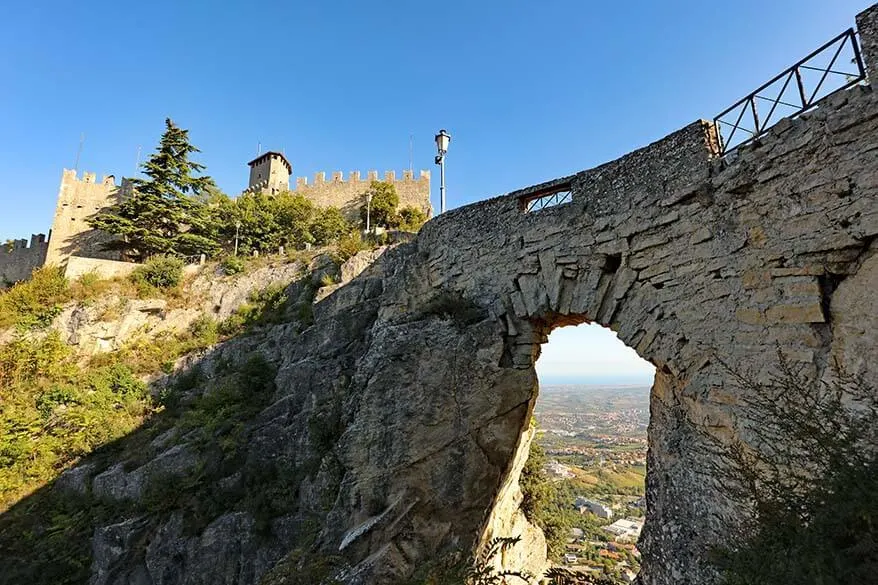 San Marino Guaita tower and a bridge over the Witches Path to Falesia tower