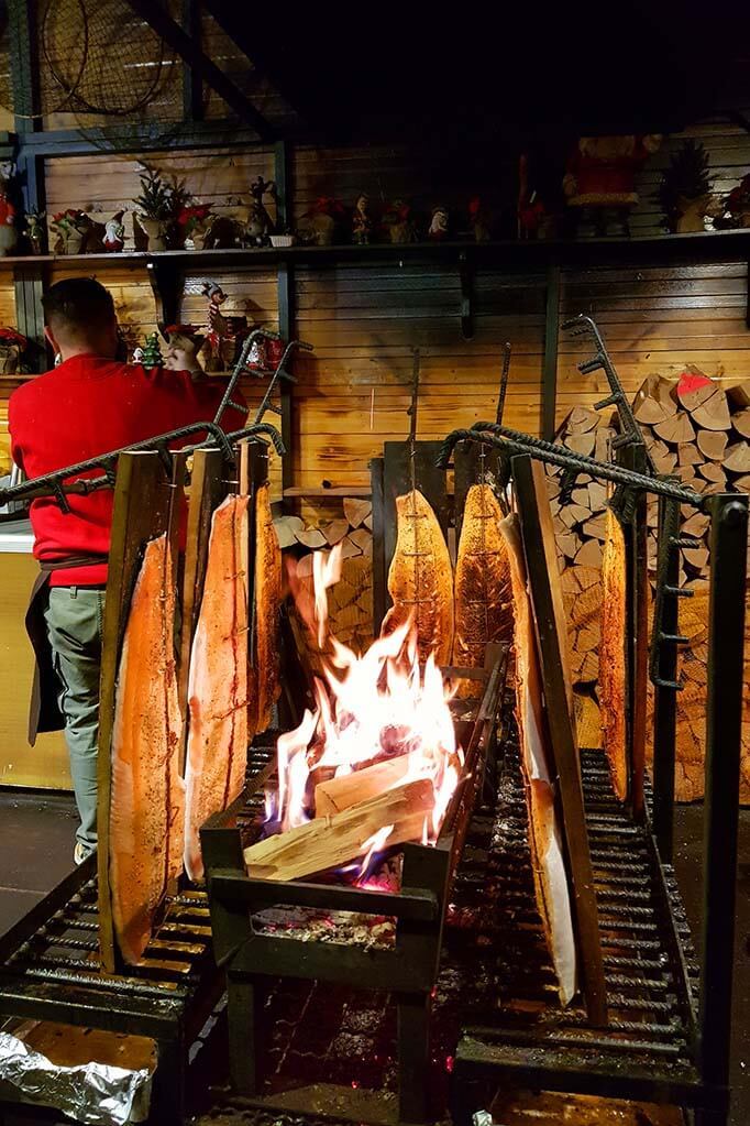 Fire-smoked salmon at the Brussels Christmas market