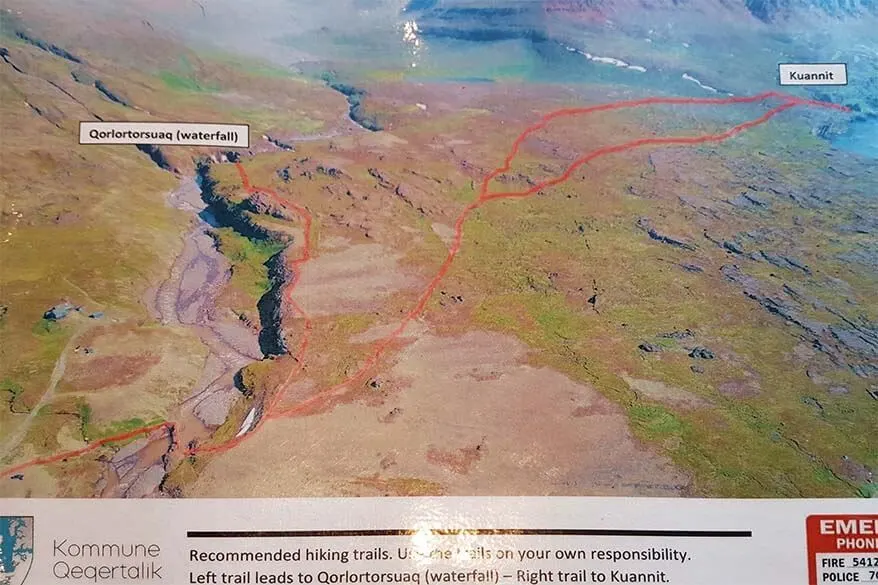 Hiking map for Kuannit and Qorlortorsuaq hikes in Qeqertarsuaq Greenland