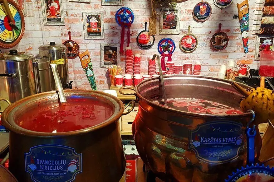 Mulled wine and hot cranberry drink for sale at a Christmas market in Vilnius in Lithuania