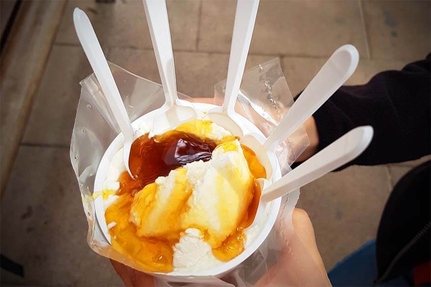 Catalan Mato cheese with honey at the Montserrat market