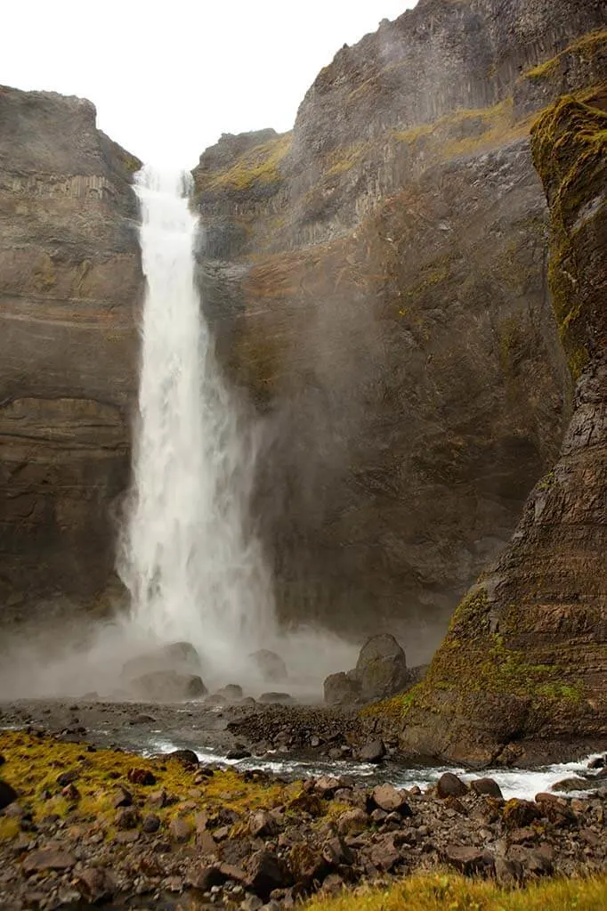 Haifoss waterfall as seen from the bottom of the canyon