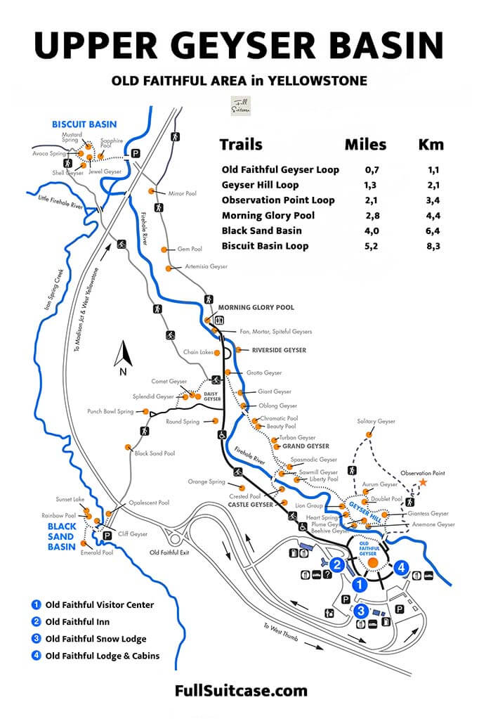 Upper Geyser Basin Map - Old Faithful Area in Yellowstone NP