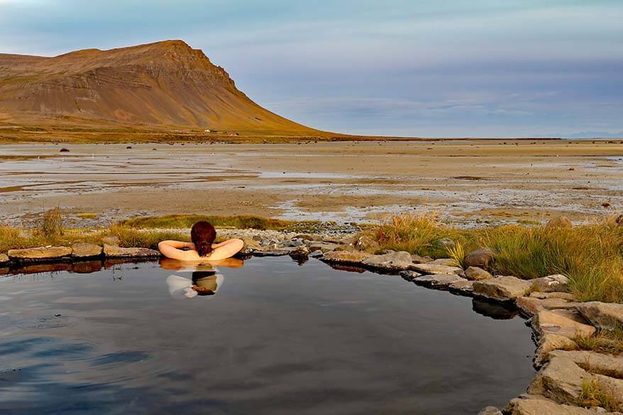 Natural hot tub at Birkimelur Swimming Pool in the Westfjords in Iceland