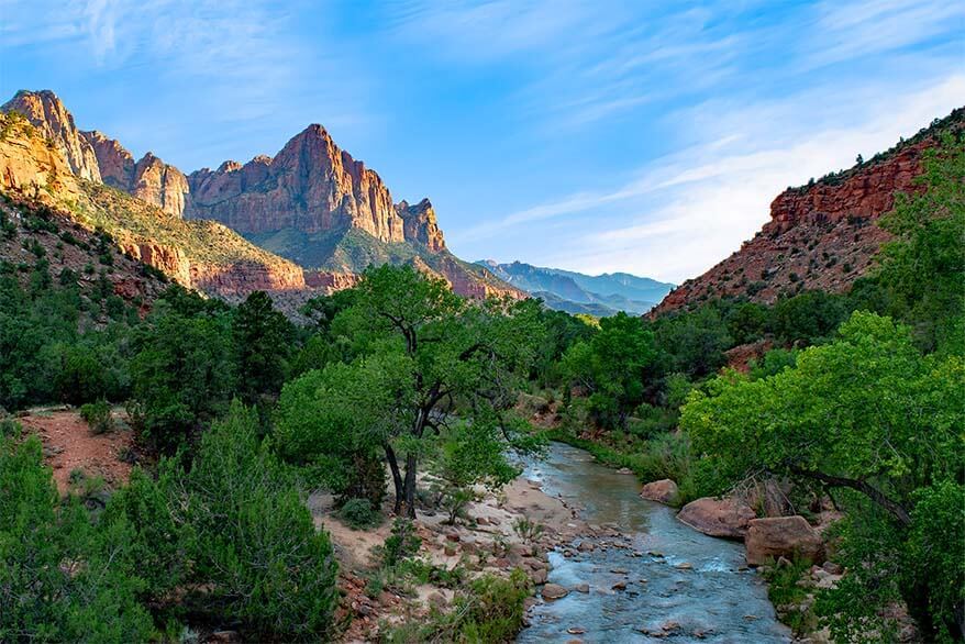 View from Canyon Junction Bridge at the end of Pa'rus Trail in Zion National Park