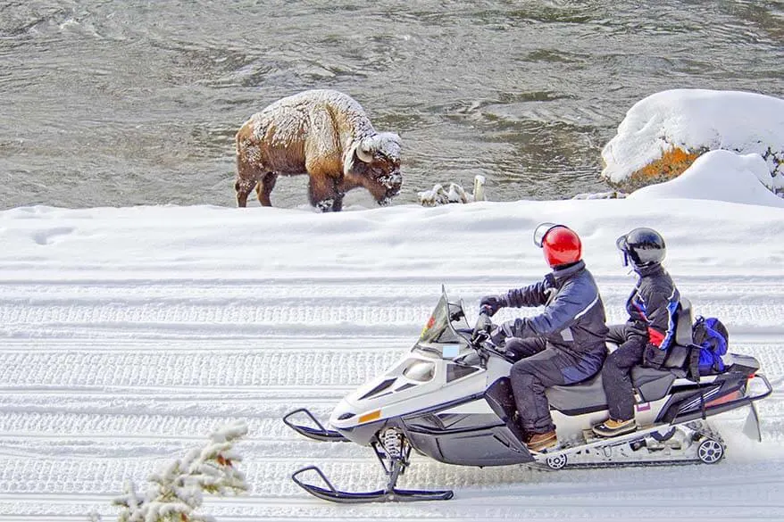 Snowmobile tour in Yellowstone in winter