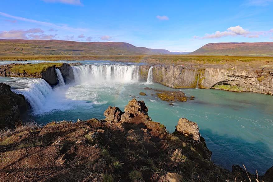 Godafoss waterfall with a rainbow