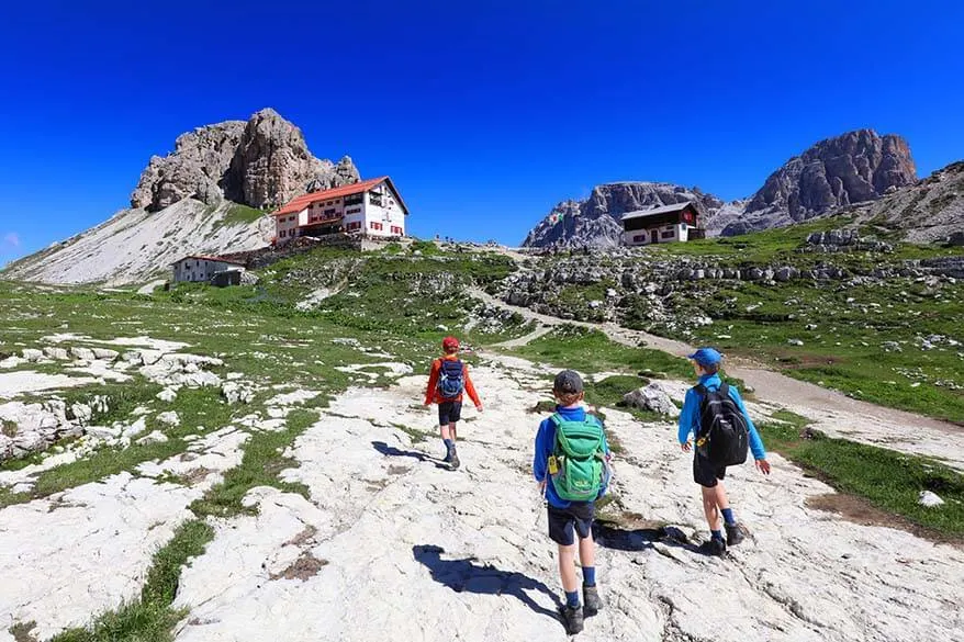 Kids hiking to Rifugio Locatelli at Tre Cime