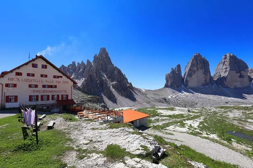 Rifugio Locatelli with Tre Cime peaks in the background