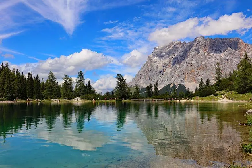 Zugspitze mountain reflections on Seebensee lake