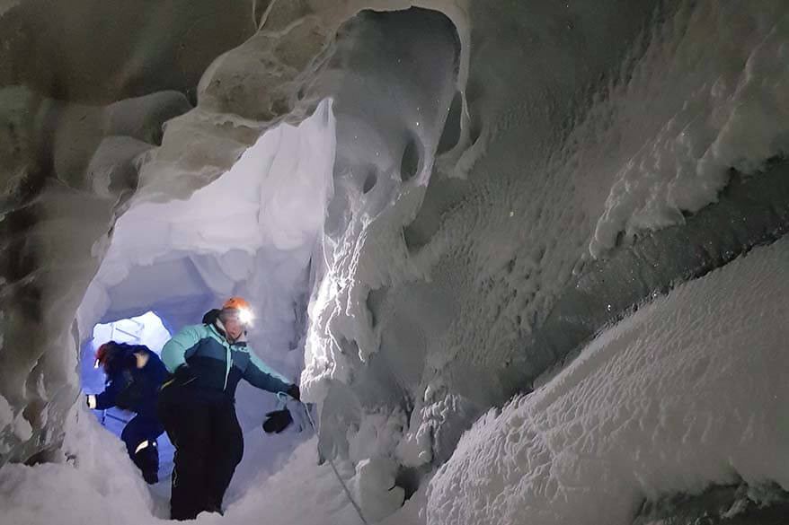 Visiting ice caves on Spitsbergen island in Svalbard in February