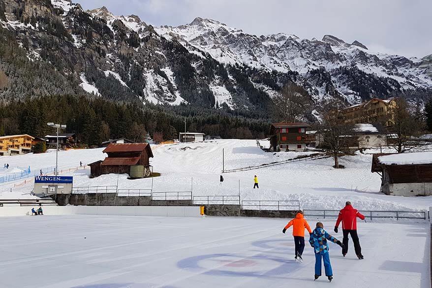 Ice skating in Wengen in winter