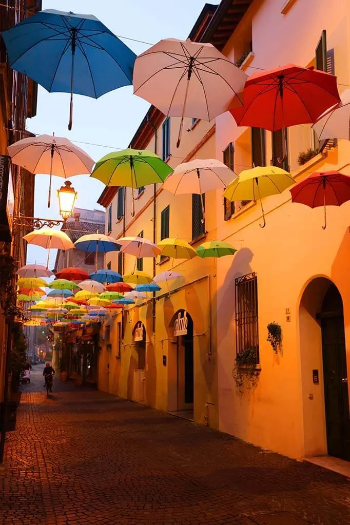 Early morning photo of an umbrella street in Ravenna city in Italy