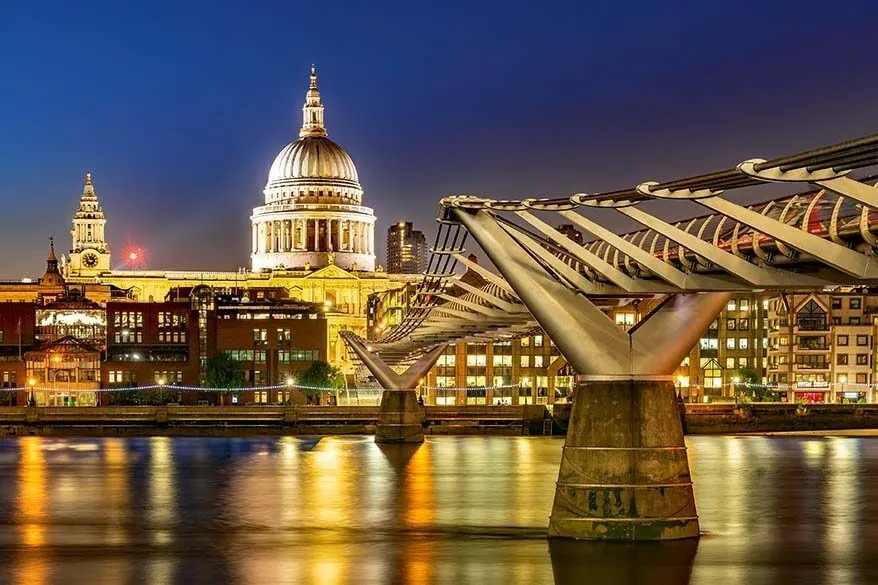 Millennium Bridge in London at night