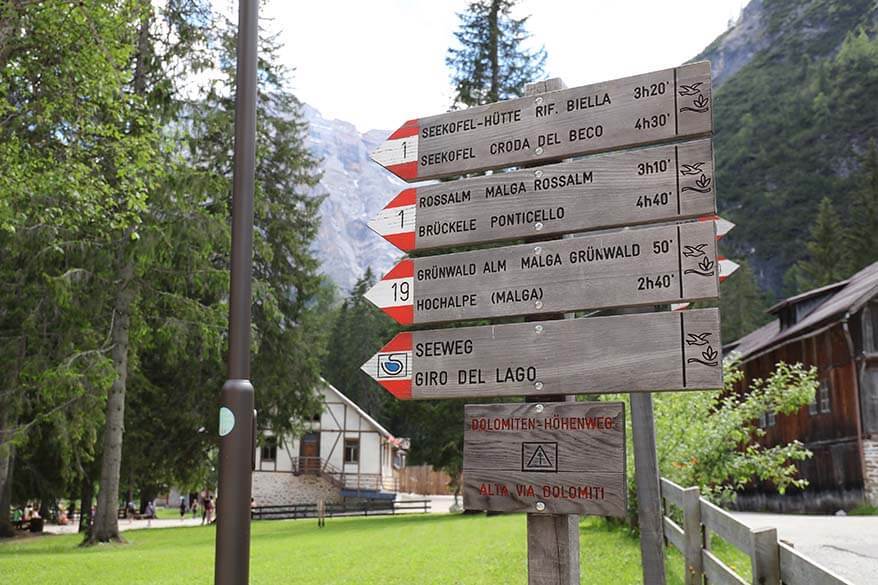 Sign of hiking trails that start at Lake Braies