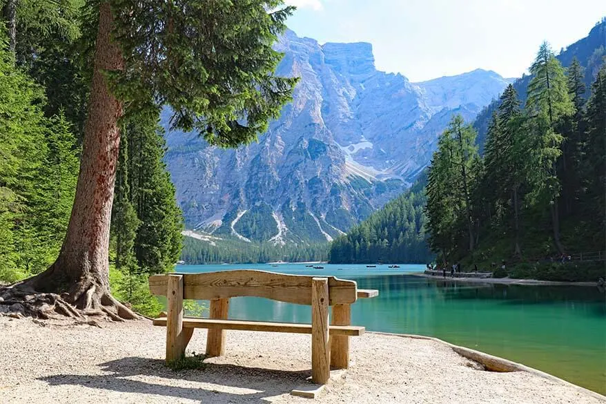 Wooden bench with a view of Lake Braies