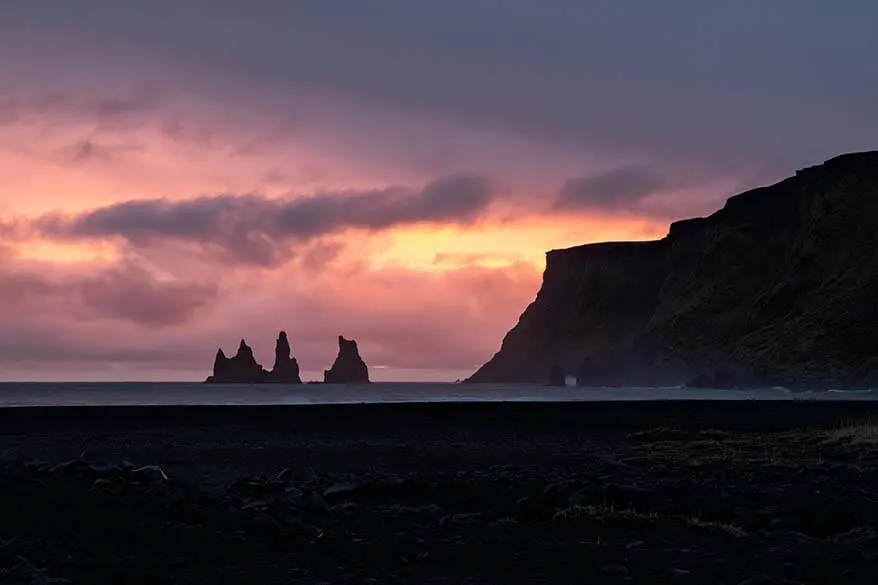 Vik black sand beach at sunset