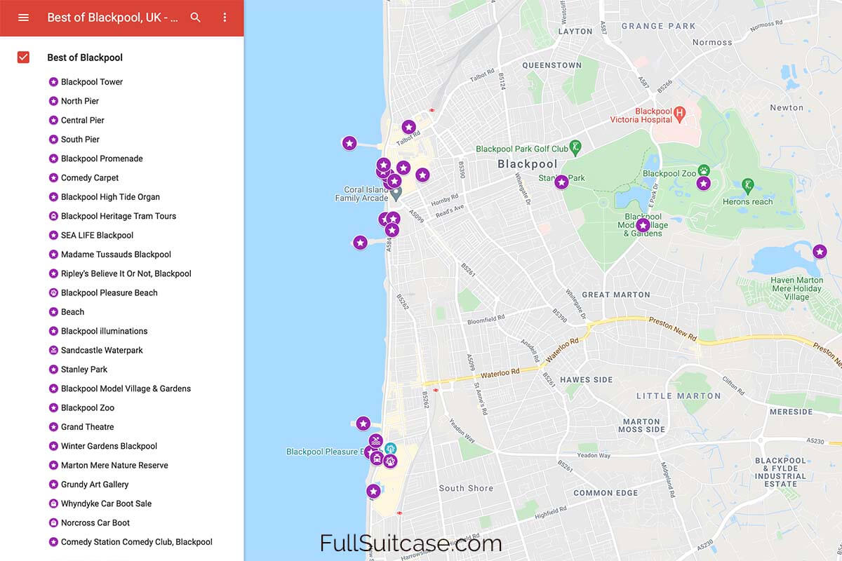Map of the best places to see and things to do in Blackpool UK