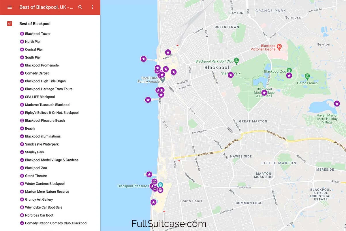 Map of the best places to see and things to do in Blackpool UK