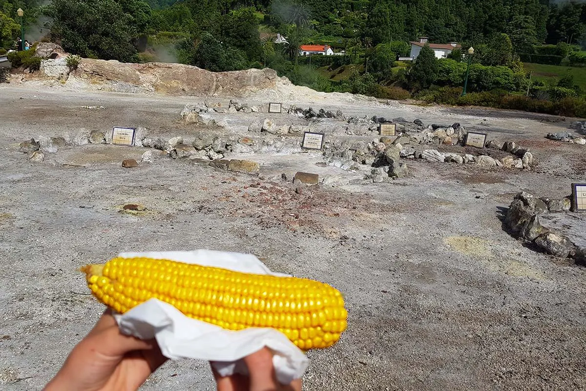 Sweet corn cooked in Caldeira das Furnas (milho doce cozido na caldeira)