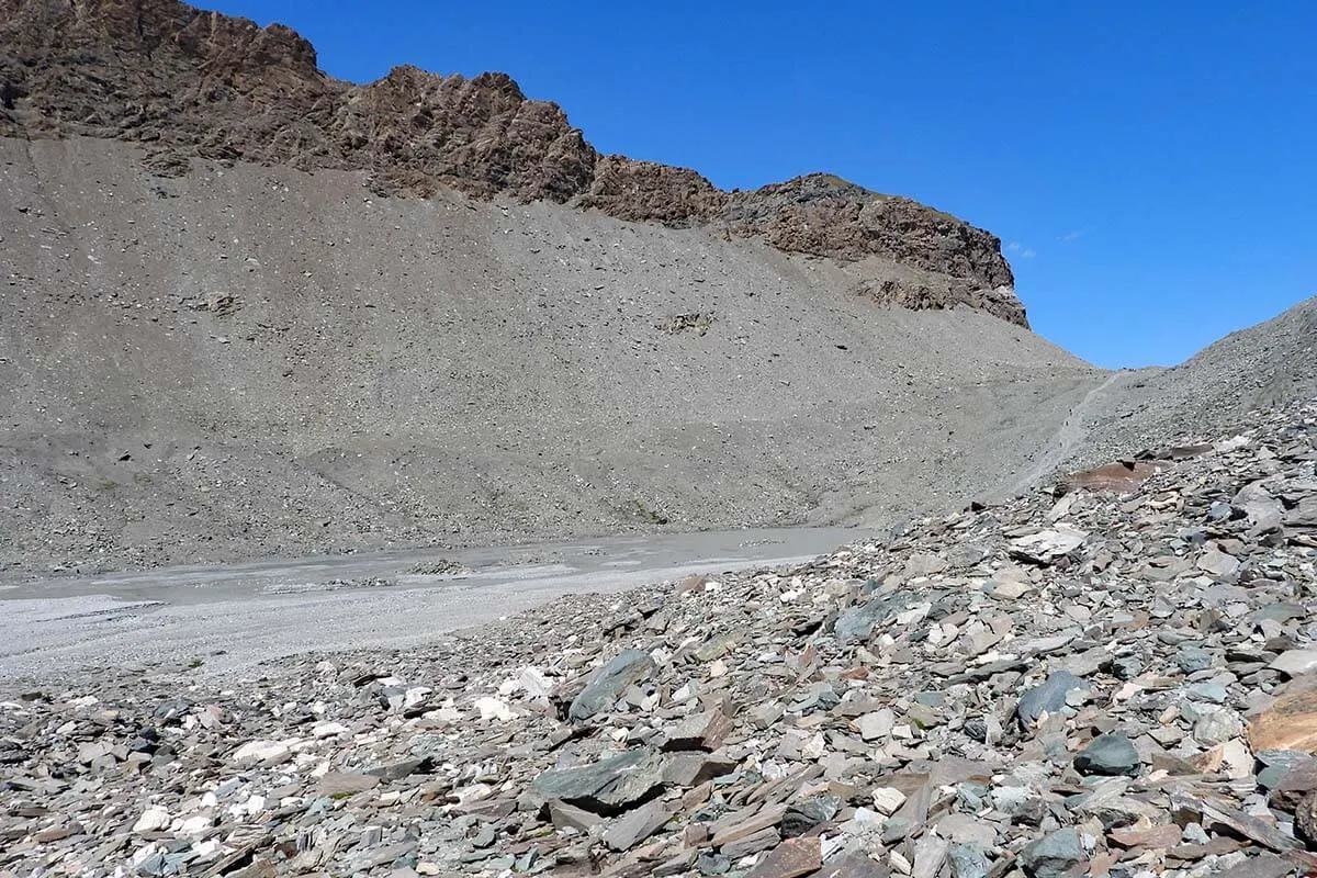 Barren scenery of the Matterhorn Glacier Hike before you reach the trail towards Hornlihutte