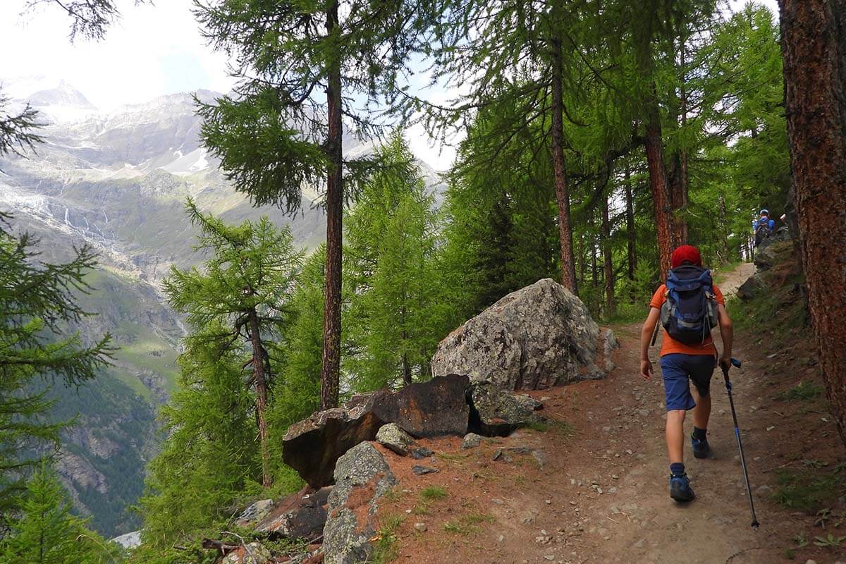 Hiking the Randa suspension bridge trail nr 69 near Zermatt Switzerland