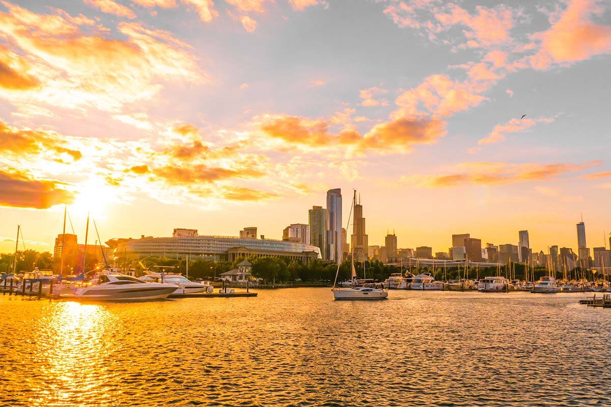 Lake Michigan and Chicago Skyline at sunset