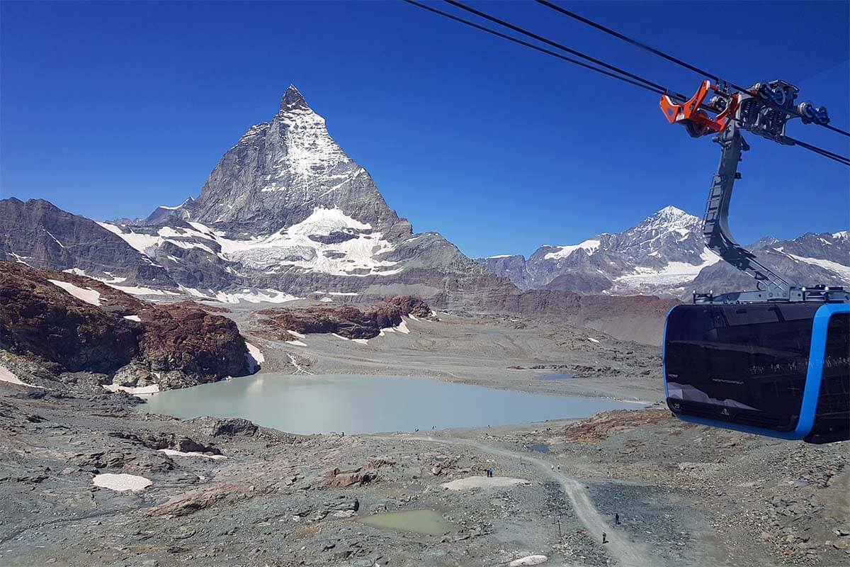 Matterhorn Glacier Paradise cable car and Matterhorn mountain.