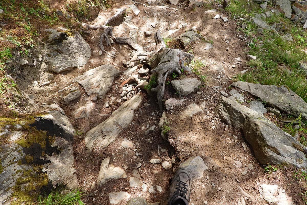 Rocky steep hiking trail to Randa suspension bridge