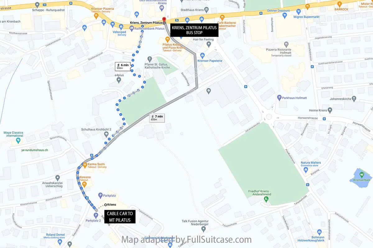 Map of how to walk from Kriens bus stop to Mt Pilatus gondola station