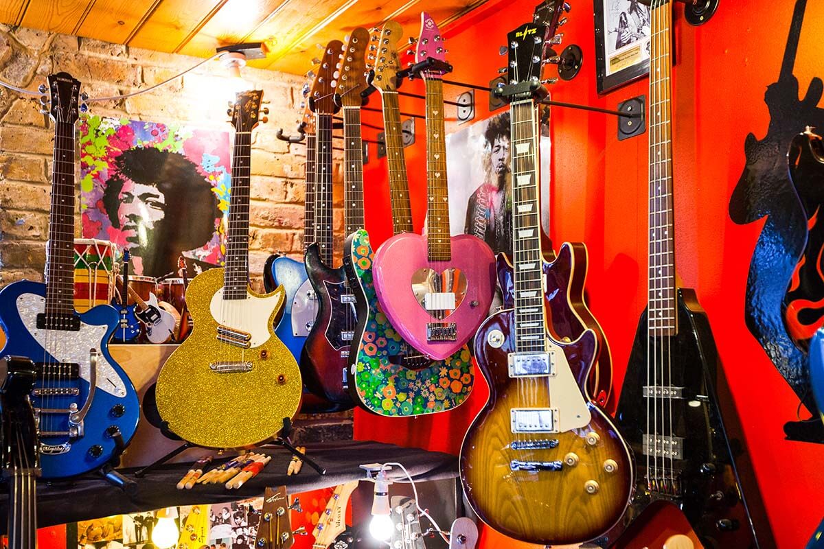 Guitars for sale at a music instruments store in Camden Town