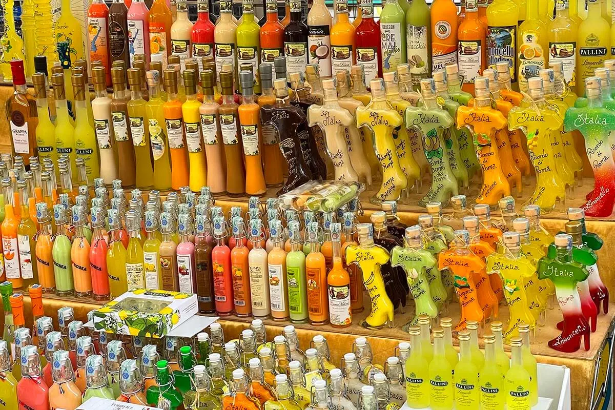 Colorful Italian drinks for sale at Campo de Fiori market in Rome