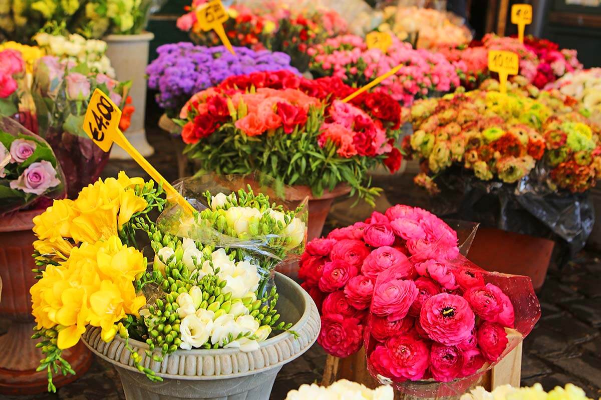 Flowers for sale at Campo dei Fiori market in Rome