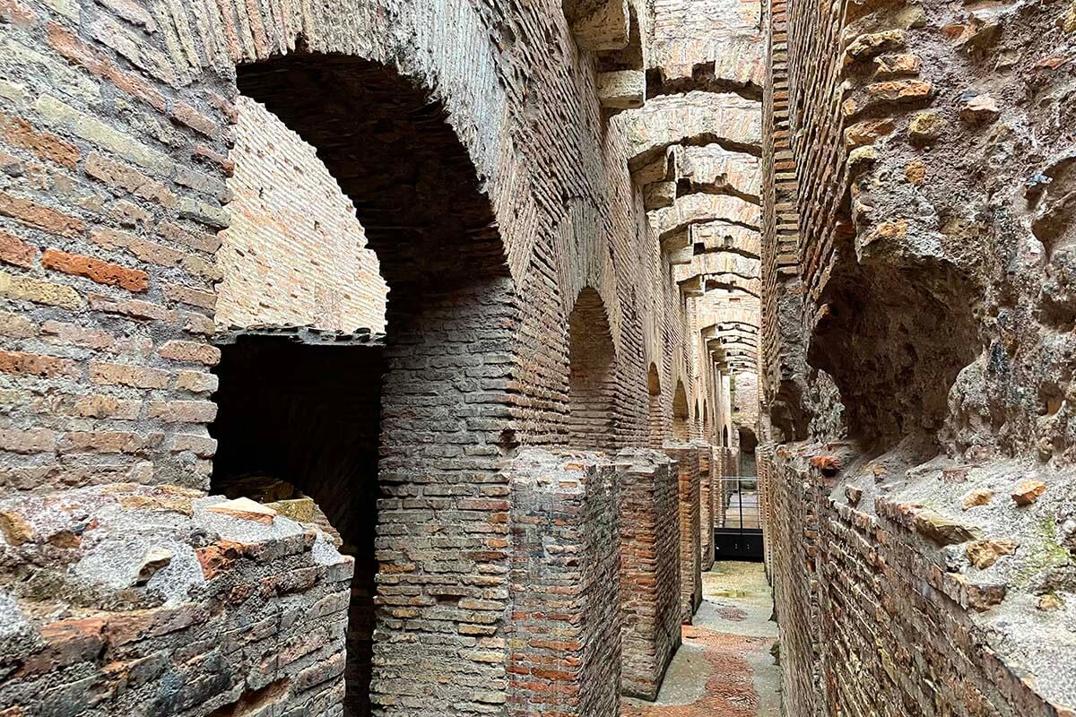 Narrow tunnels inside the basement at Colosseum underground level