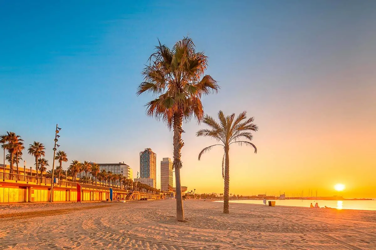 Barceloneta Beach in Barcelona at sunset