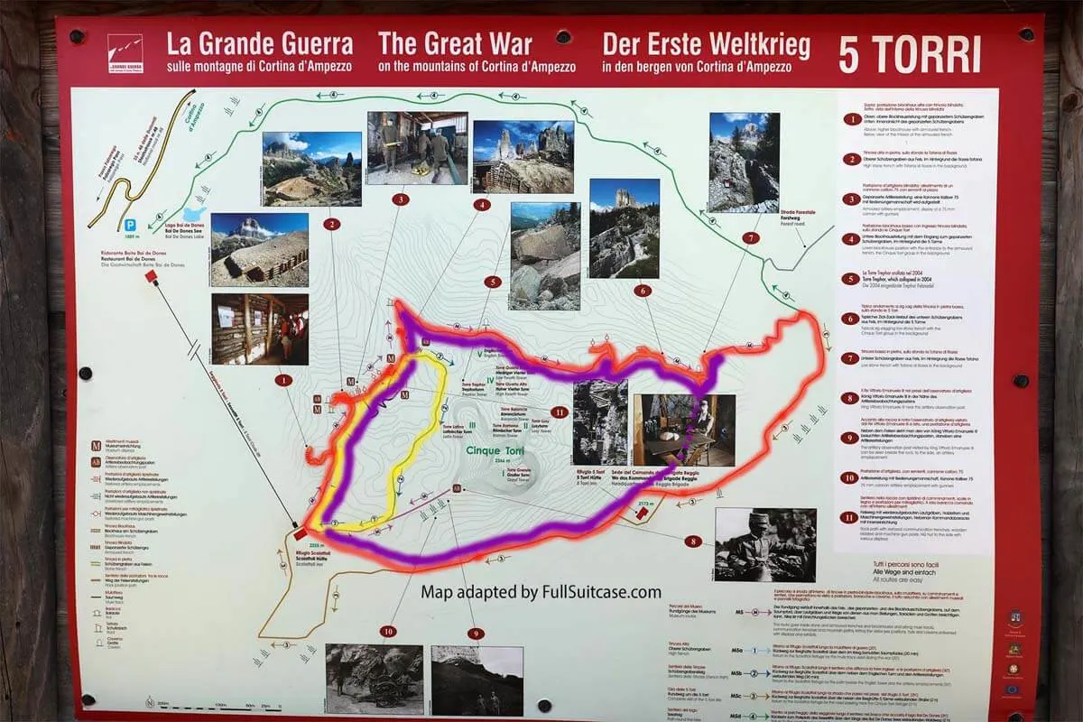 Cinque Torri hiking map with an alternative loop