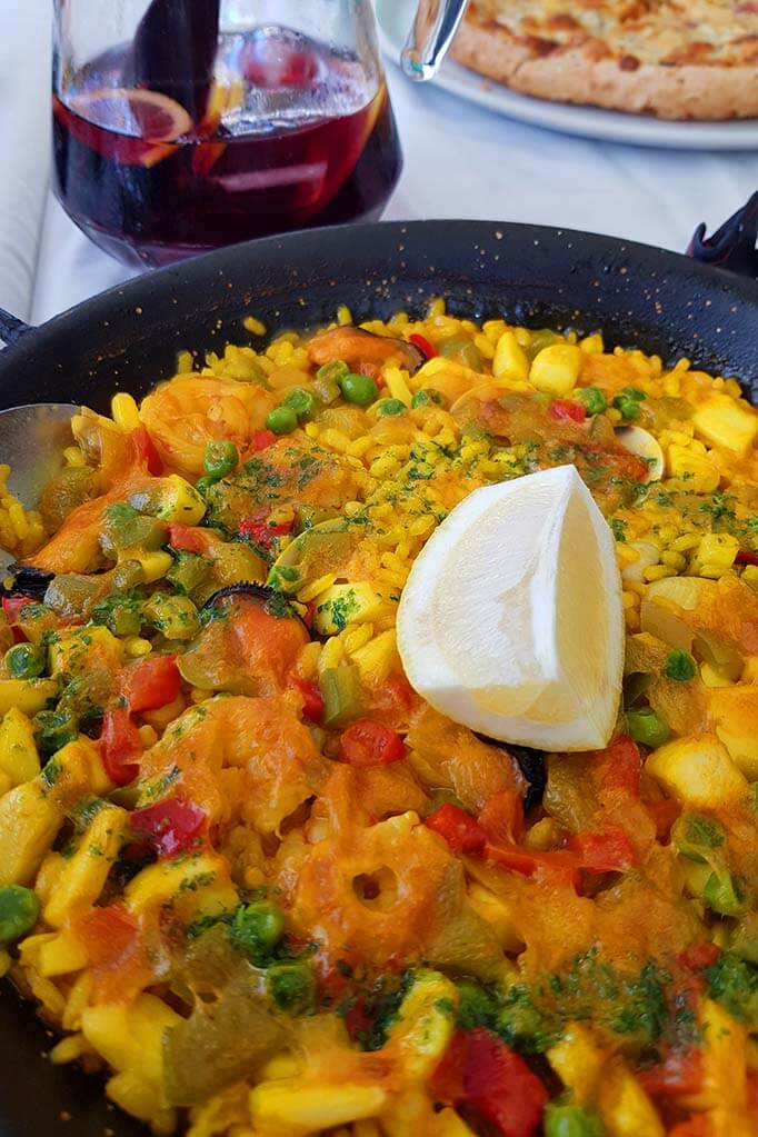 Seafood paella at a restaurant in La Barceloneta, Barcelona