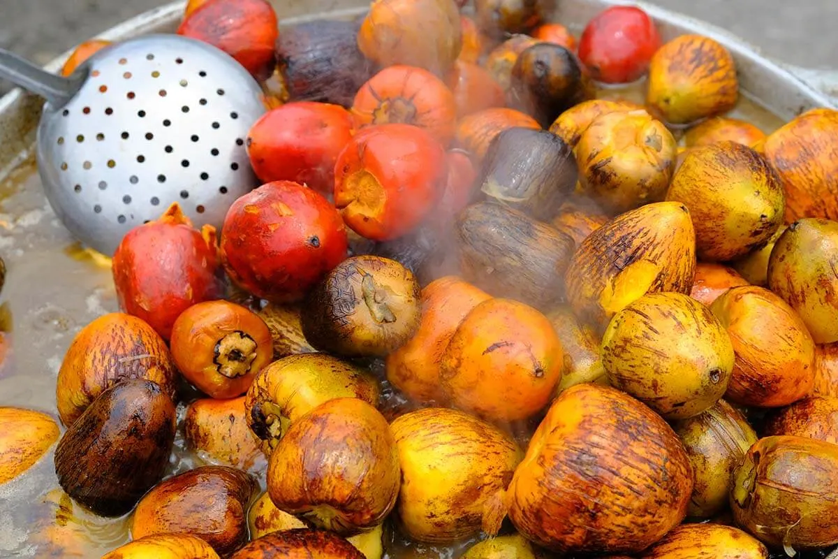 Peach Palm fruit being cooked - La Fortuna, Costa Rica