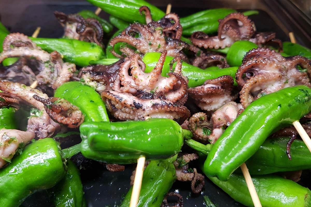 Seafood market stall at a food market in Barcelona